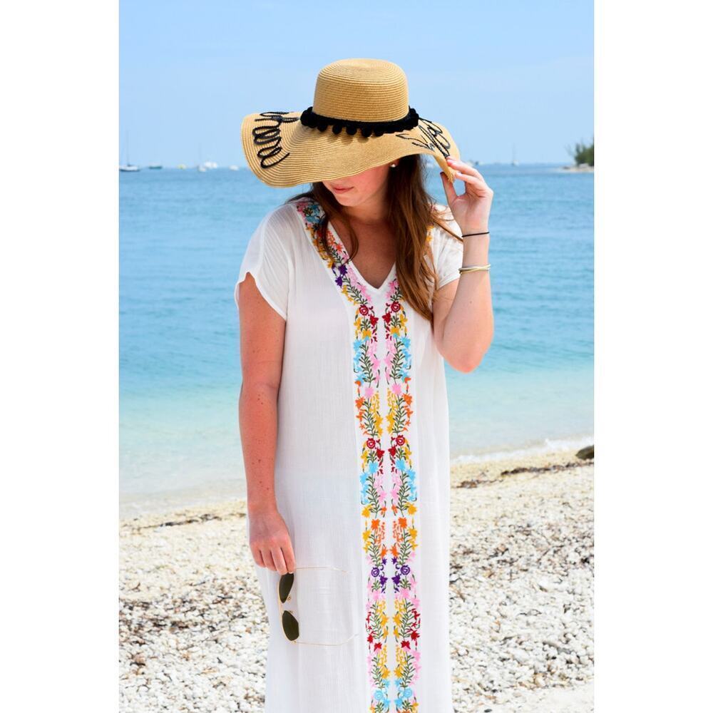 White Gauzy Cotton Floral Kaftan Swim Cover Up Beach Vacation Pool One Size